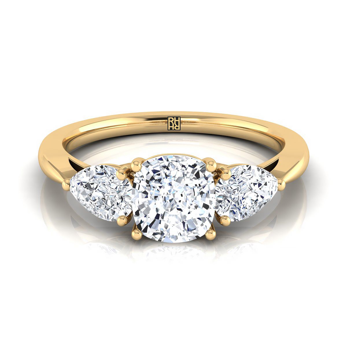 Three Stone Matched Shape Cushion, in 18K Yellow Gold, prong setting | RockHer