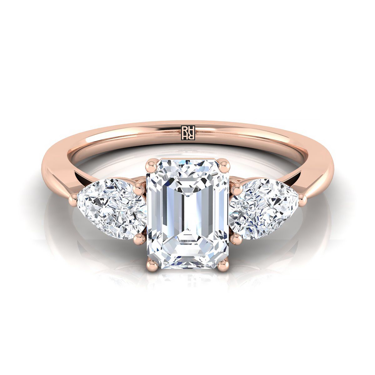 European Cut, Three Stone Matched Shape Emerald, in 14K Rose Gold, prong setting | RockHer