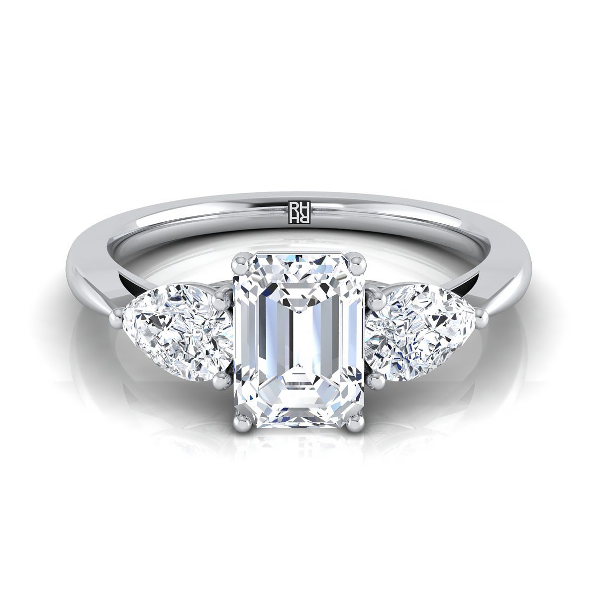 14K White Gold Emerald Cut Diamond Perfectly Matched Pear Shaped Three Diamond Engagement Ring -7/8ctw