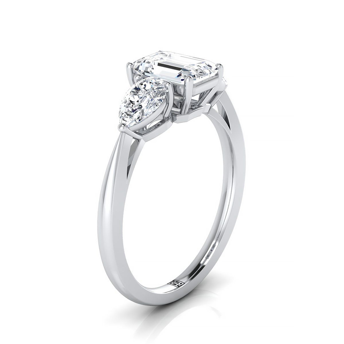 European Cut, Three Stone Matched Shape Emerald, in 18K White Gold, prong setting – side profile | RockHer