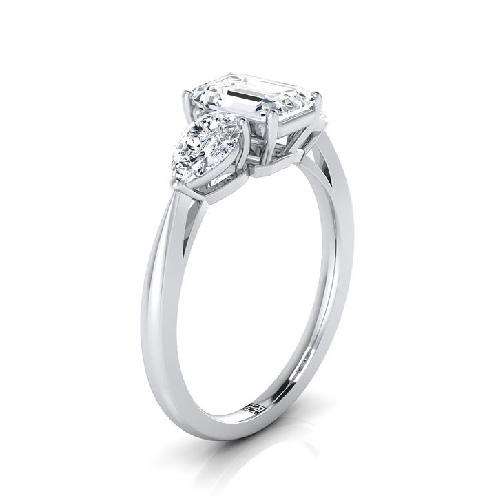 European Cut, Three Stone Matched Shape Emerald, in 18K White Gold, prong setting – side profile | RockHer