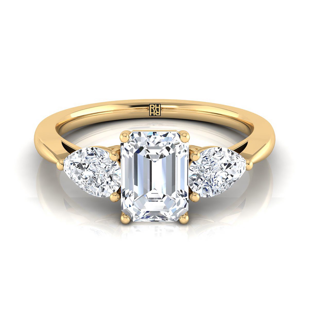 European Cut, Three Stone Matched Shape Emerald, in 18K Yellow Gold, prong setting | RockHer