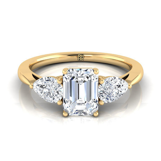European Cut, Three Stone Matched Shape Emerald, in 18K Yellow Gold, prong setting | RockHer