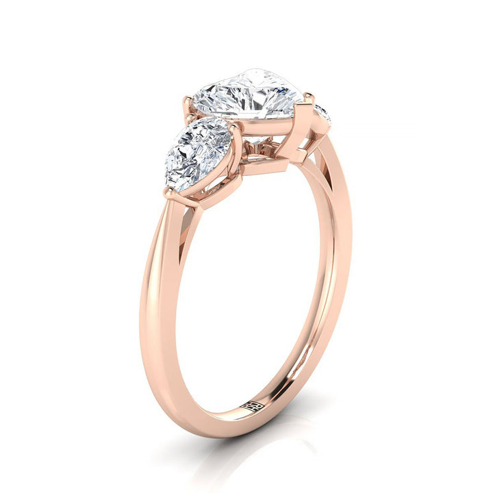 Three Stone Matched Shape Heart Shape, in 14K Rose Gold, prong setting – side profile | RockHer