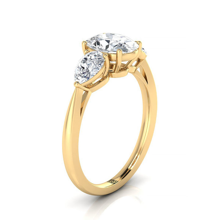 14K Yellow Gold Oval Diamond Perfectly Matched Pear Shaped Three Diamond Engagement Ring -7/8ctw