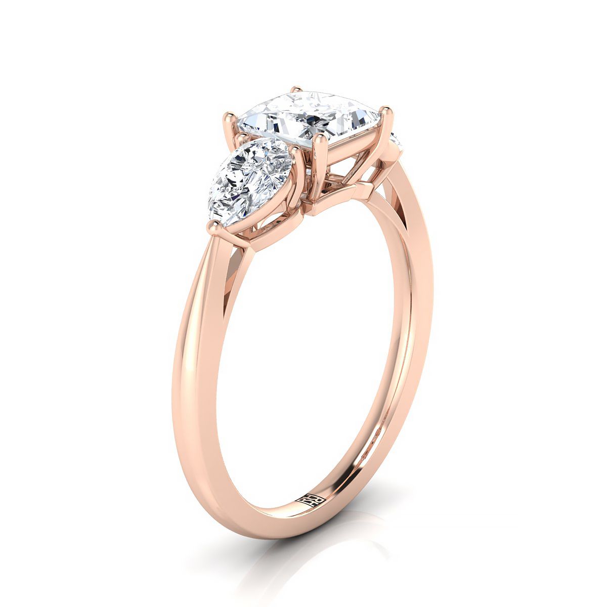 14K Rose Gold Princess Cut Diamond Perfectly Matched Pear Shaped Three Diamond Engagement Ring -7/8ctw