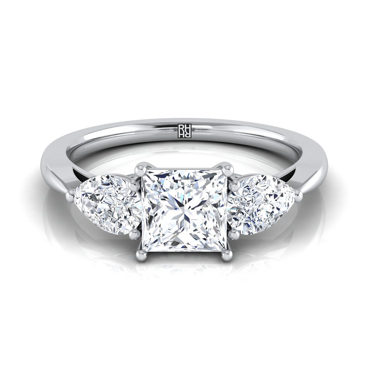 Platinum Princess Cut Diamond Perfectly Matched Pear Shaped Three Diamond Engagement Ring -7/8ctw