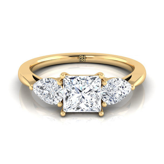 14K Yellow Gold Princess Cut Diamond Perfectly Matched Pear Shaped Three Diamond Engagement Ring -7/8ctw