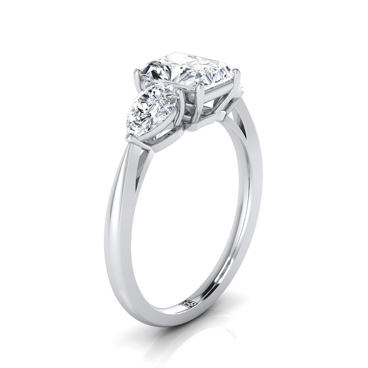Three Stone Matched Shape Radiant, in 18K White Gold, prong setting – side profile | RockHer