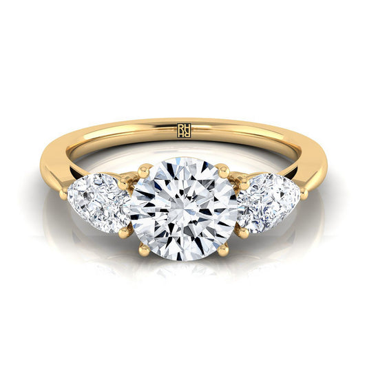 14K Yellow Gold Round Brilliant Diamond Perfectly Matched Pear Shaped Three Diamond Engagement Ring -7/8ctw