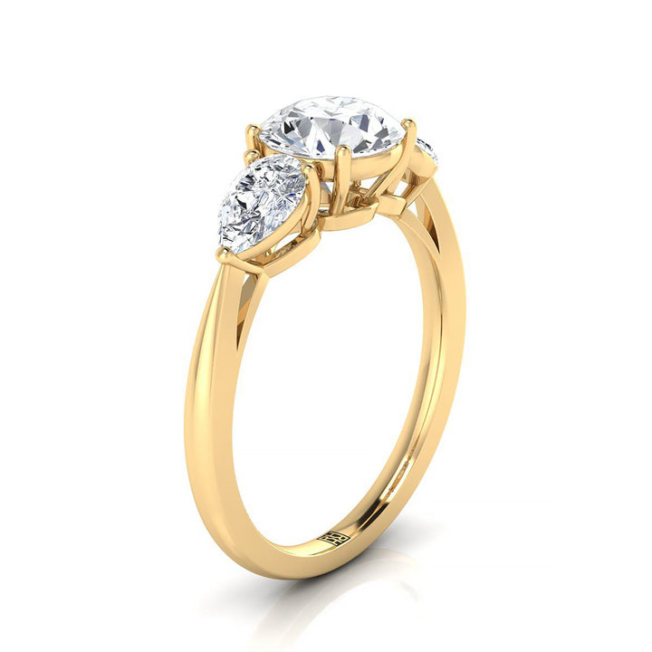 Round Brilliant, Three Stone Matched Shape, in 18K Yellow Gold, prong setting – side profile | RockHer
