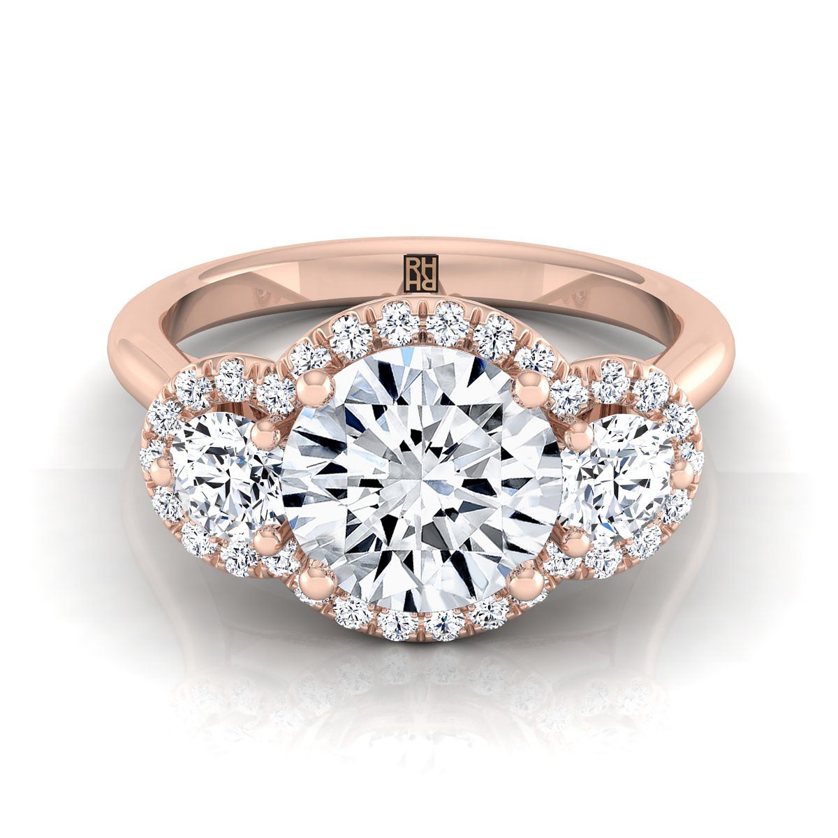 Round Brilliant, French Pavé Three Stone, in 14K Rose Gold, prong setting – view 8 | RockHer