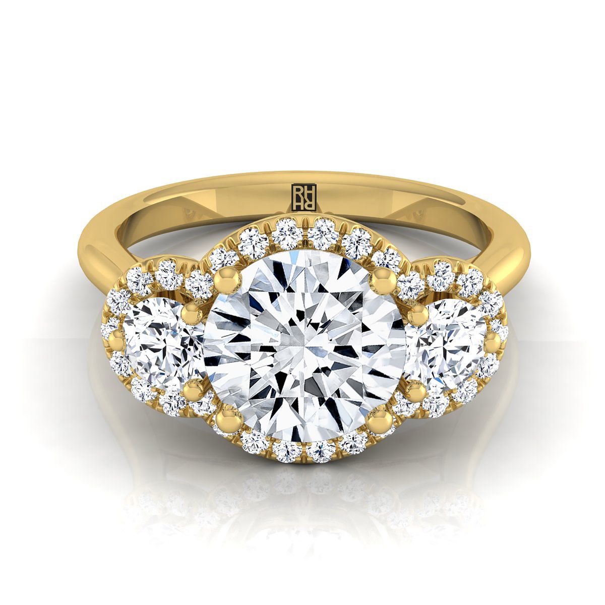 Round Brilliant, French Pavé Three Stone, in 18K Yellow Gold, prong setting – view 8 | RockHer
