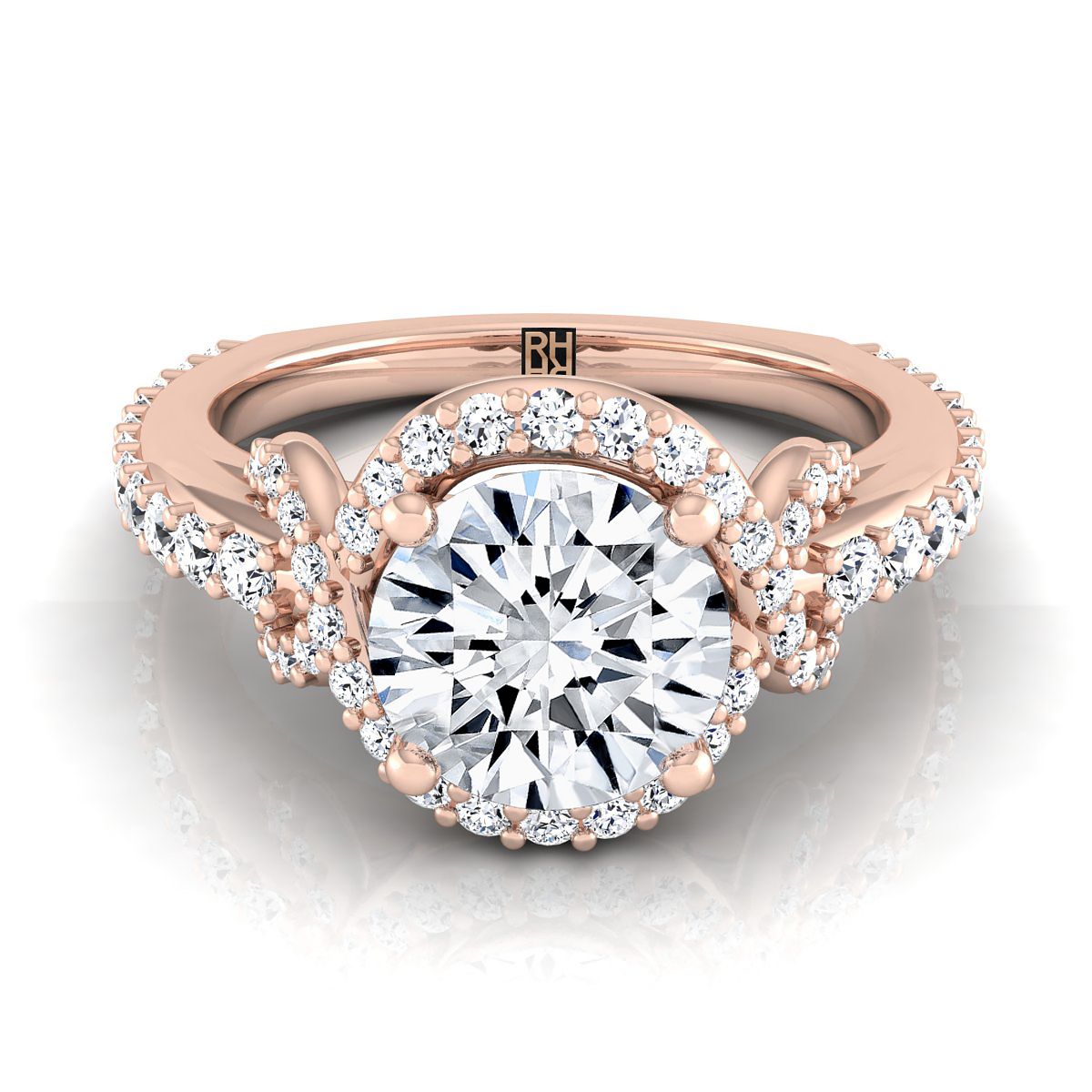 Round Brilliant, Love Knot Pavé Halo, in 14K Rose Gold, pave setting | RockHer