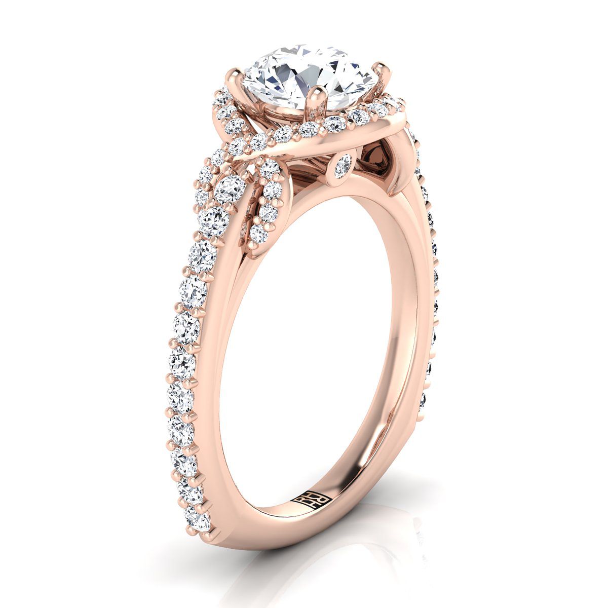Round Brilliant, Love Knot Pavé Halo, in 14K Rose Gold, pave setting – side profile | RockHer