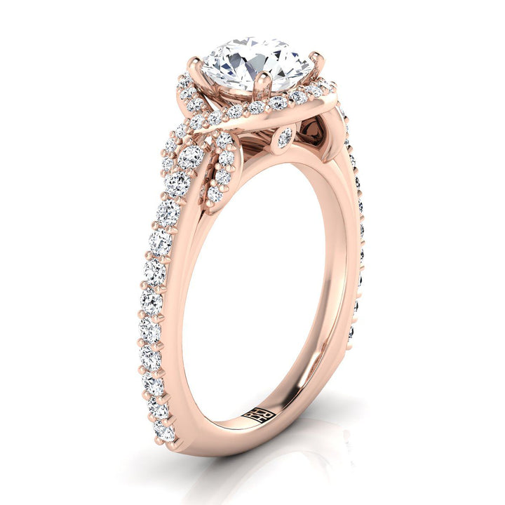 Round Brilliant, Love Knot Pavé Halo, in 14K Rose Gold, pave setting – side profile | RockHer
