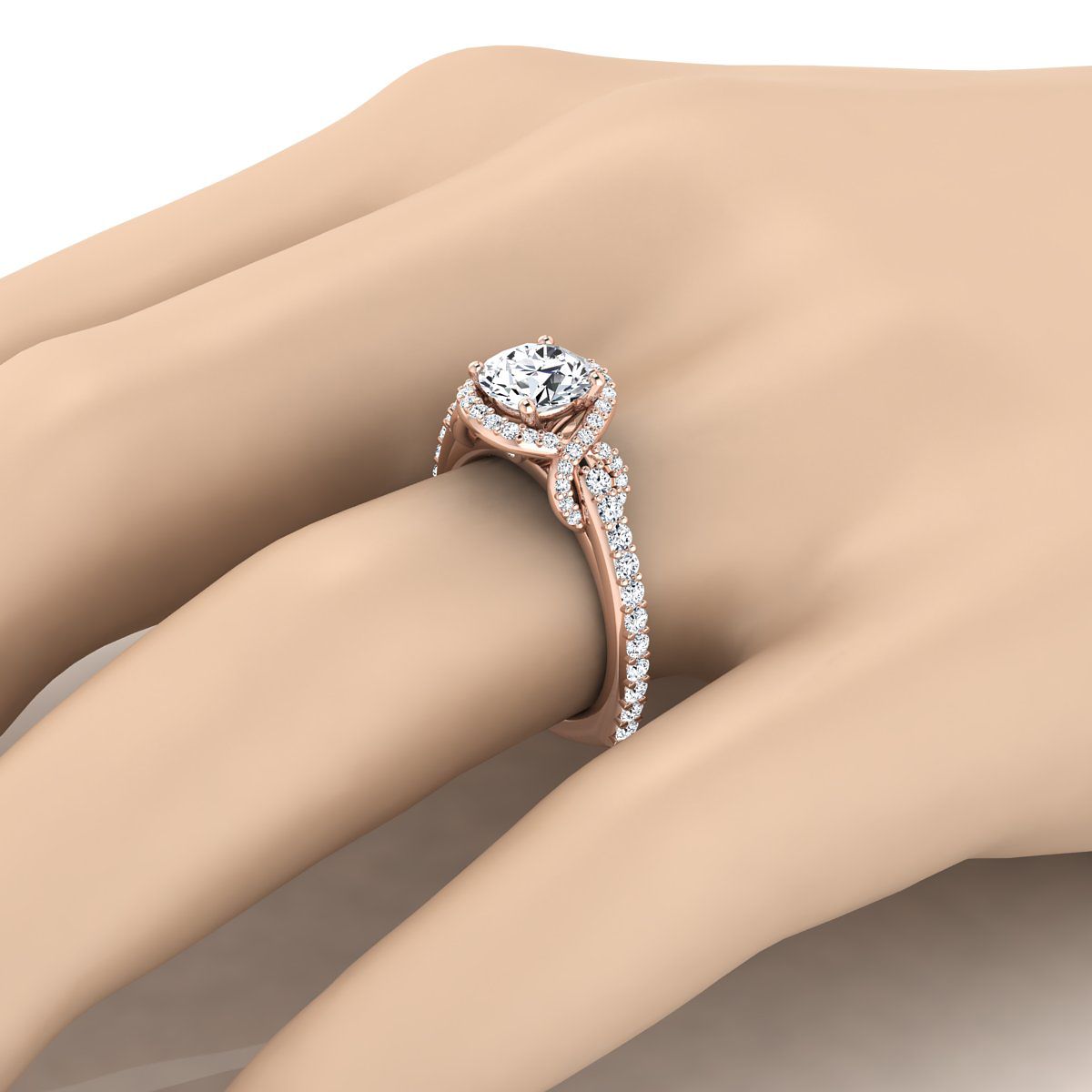 Round Brilliant, Love Knot Pavé Halo, in 14K Rose Gold, pave setting – detail view | RockHer