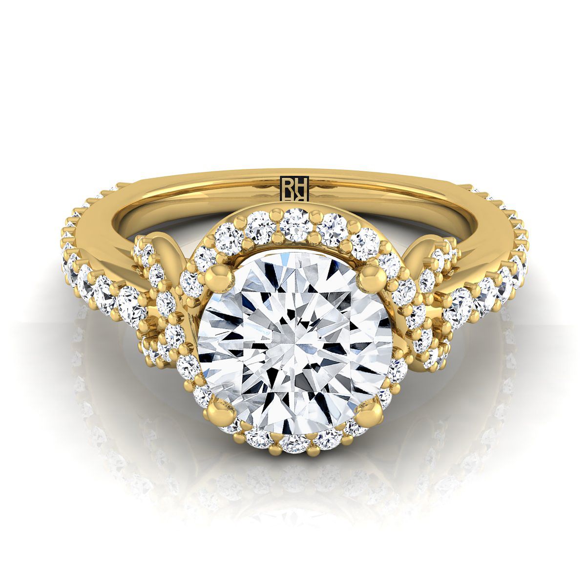 Round Brilliant, Love Knot Pavé Halo, in 18K Yellow Gold, pave setting – view 8 | RockHer