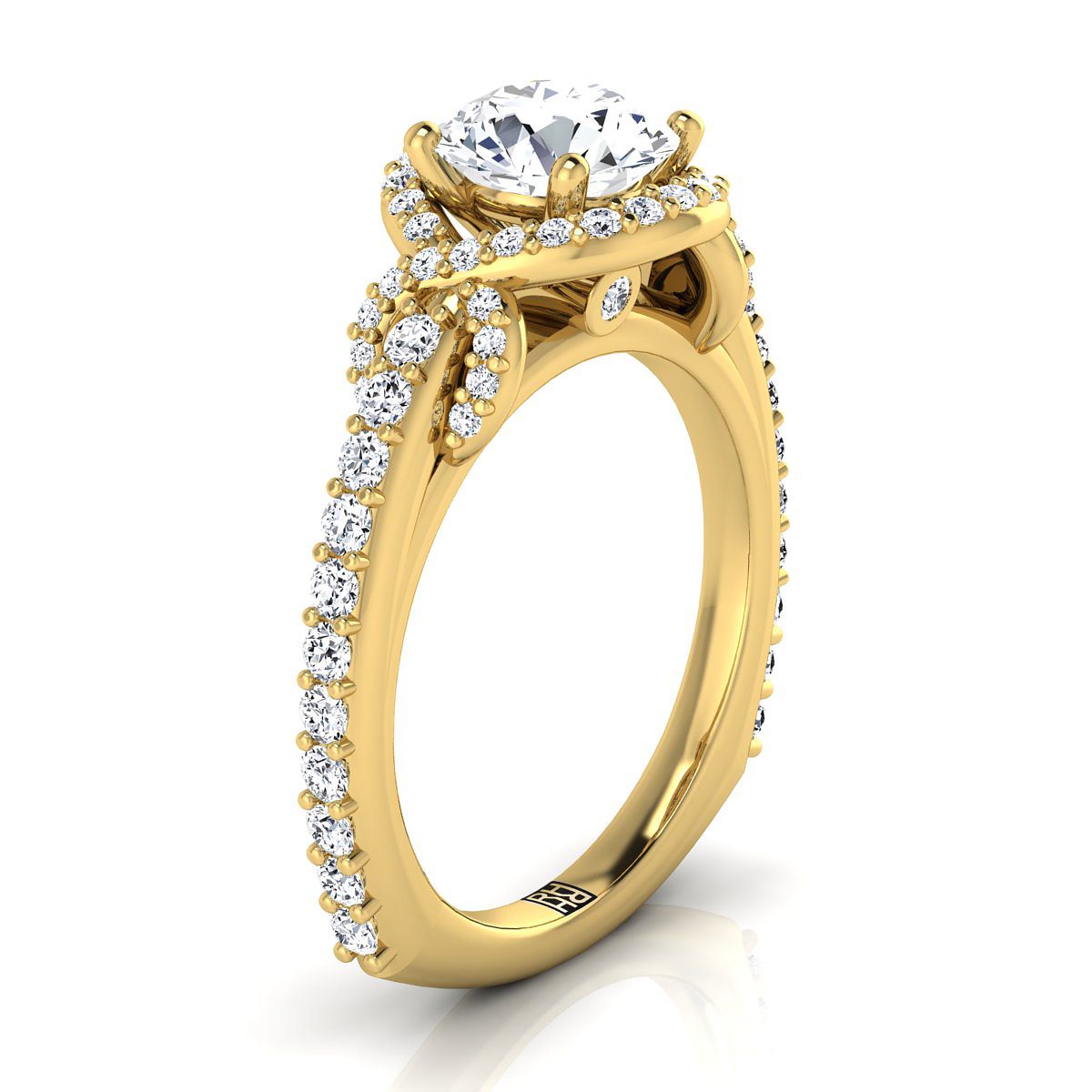 Round Brilliant, Love Knot Pavé Halo, in 18K Yellow Gold, pave setting – view 9 | RockHer