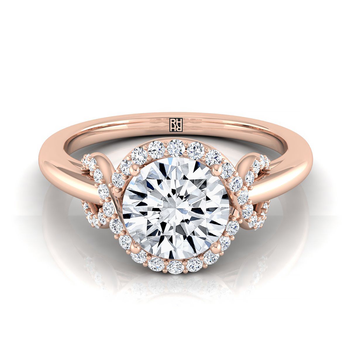 Round Brilliant, Love Knot Halo, in 14K Rose Gold, pave setting – view 8 | RockHer
