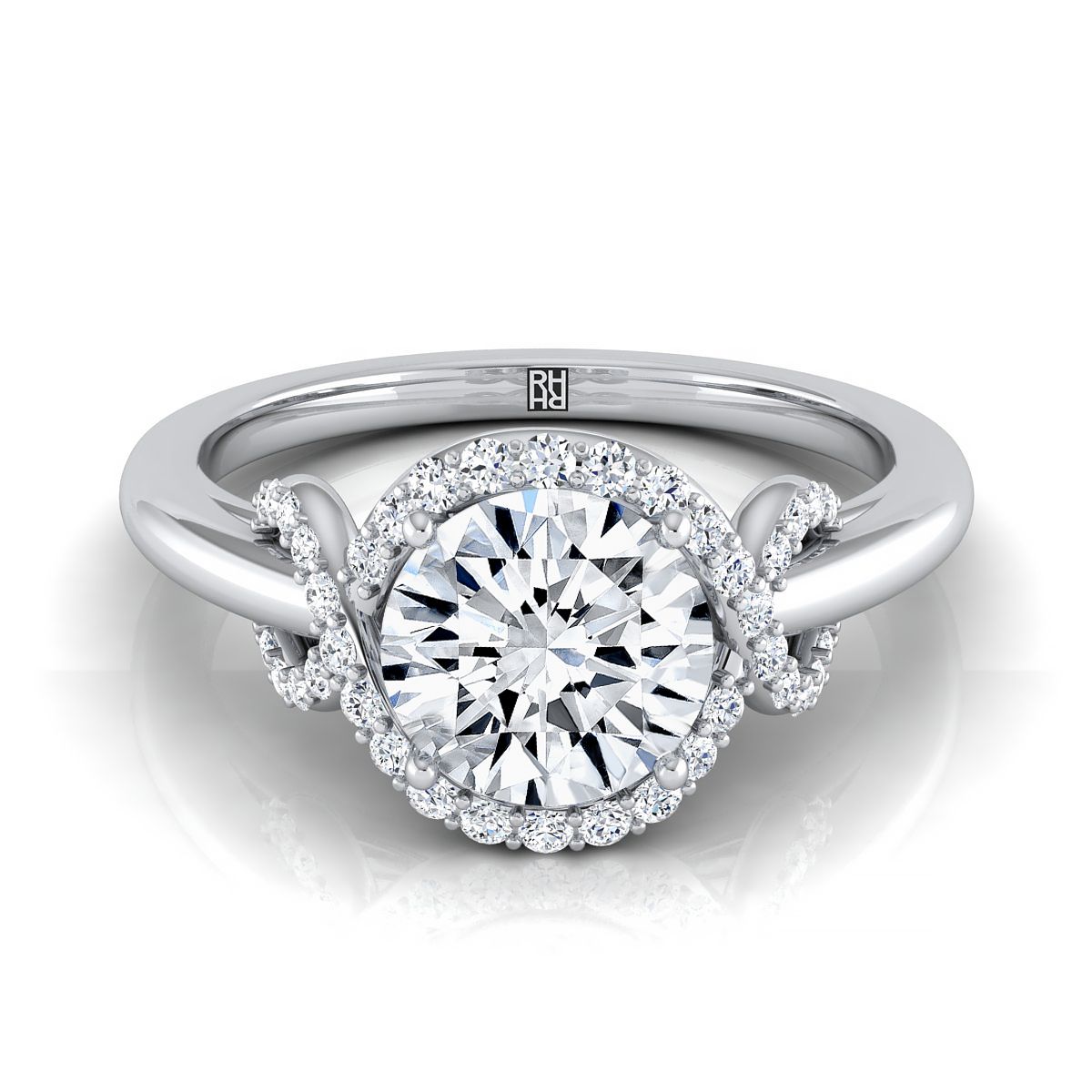 Round Brilliant, Love Knot Halo, in Platinum, pave setting – view 8 | RockHer