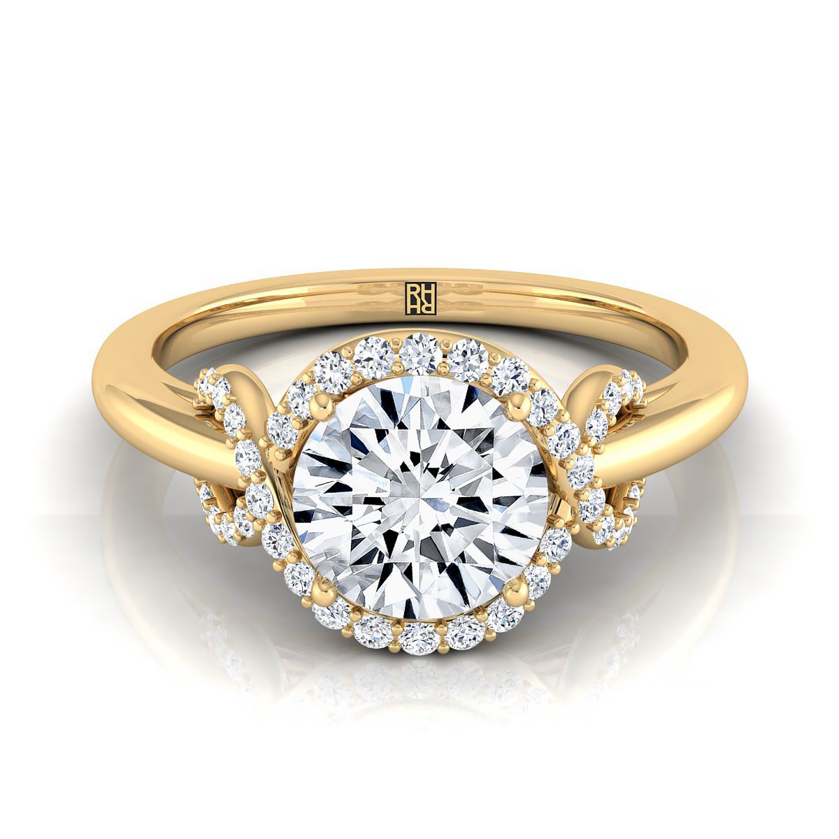 Round Brilliant, Love Knot Halo, in 18K Yellow Gold, pave setting – view 8 | RockHer