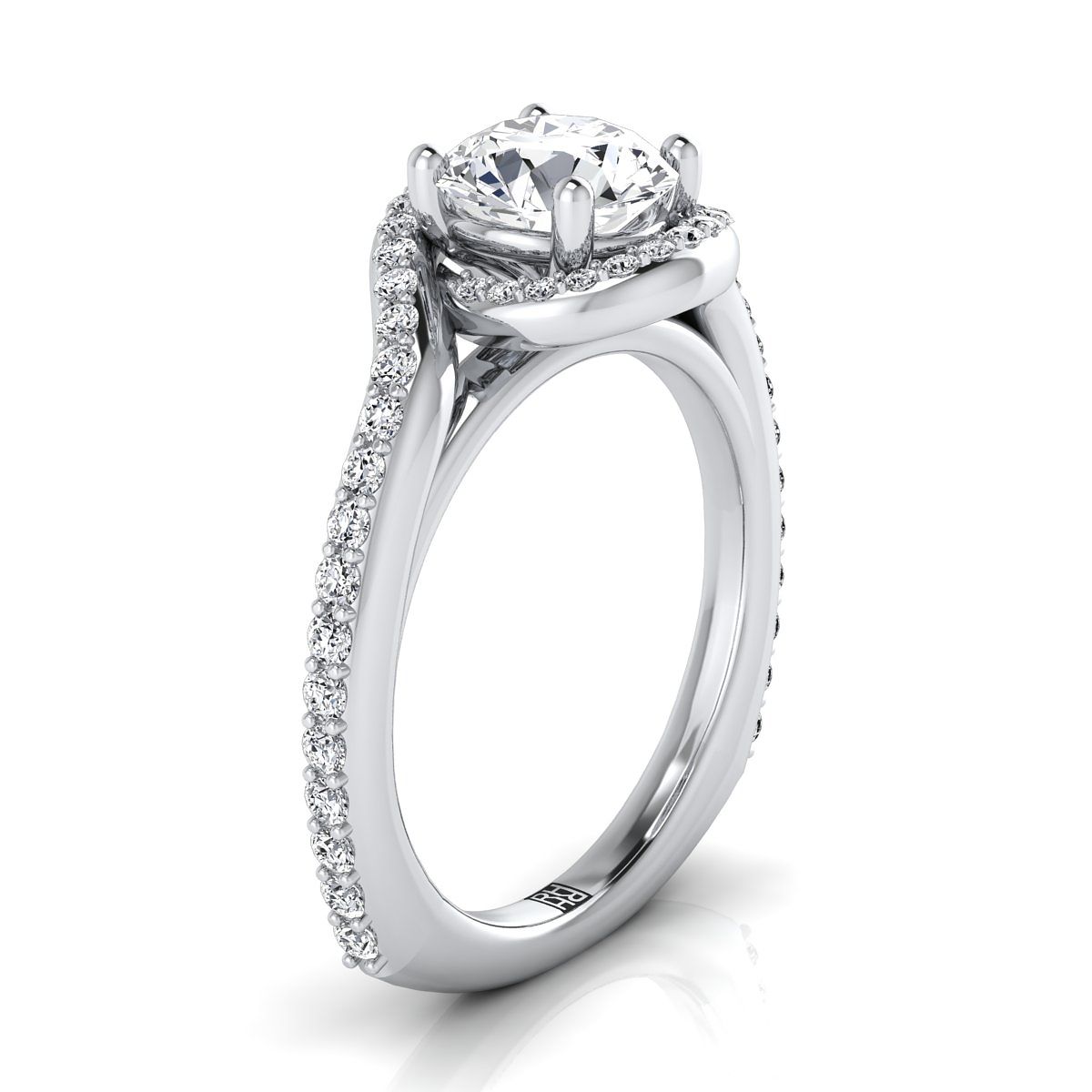 Round Brilliant, Pavé Swirl Halo, in 18K White Gold, pave setting – side profile | RockHer