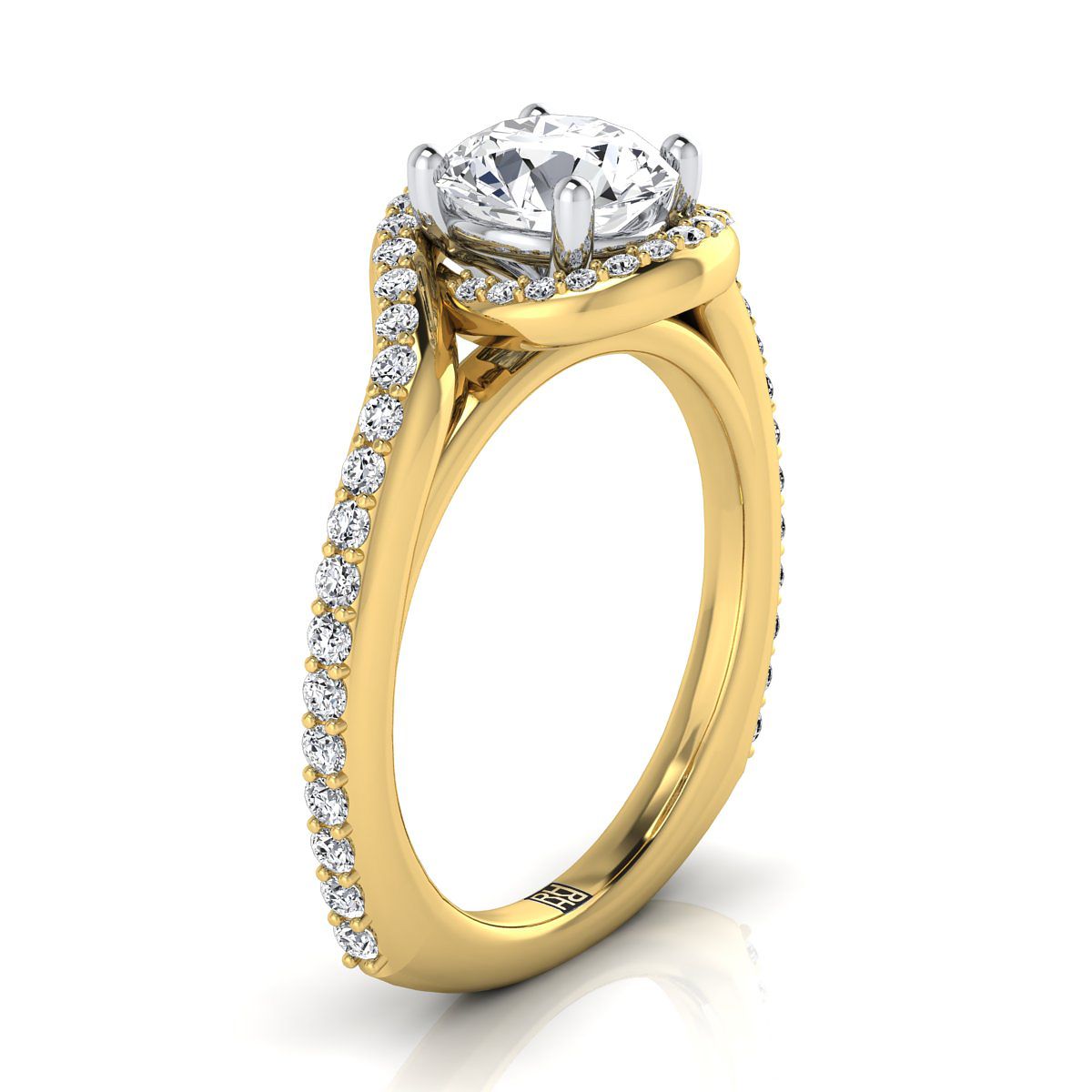 Round Brilliant, Pavé Swirl Halo, in 18K Yellow Gold, pave setting – side profile | RockHer