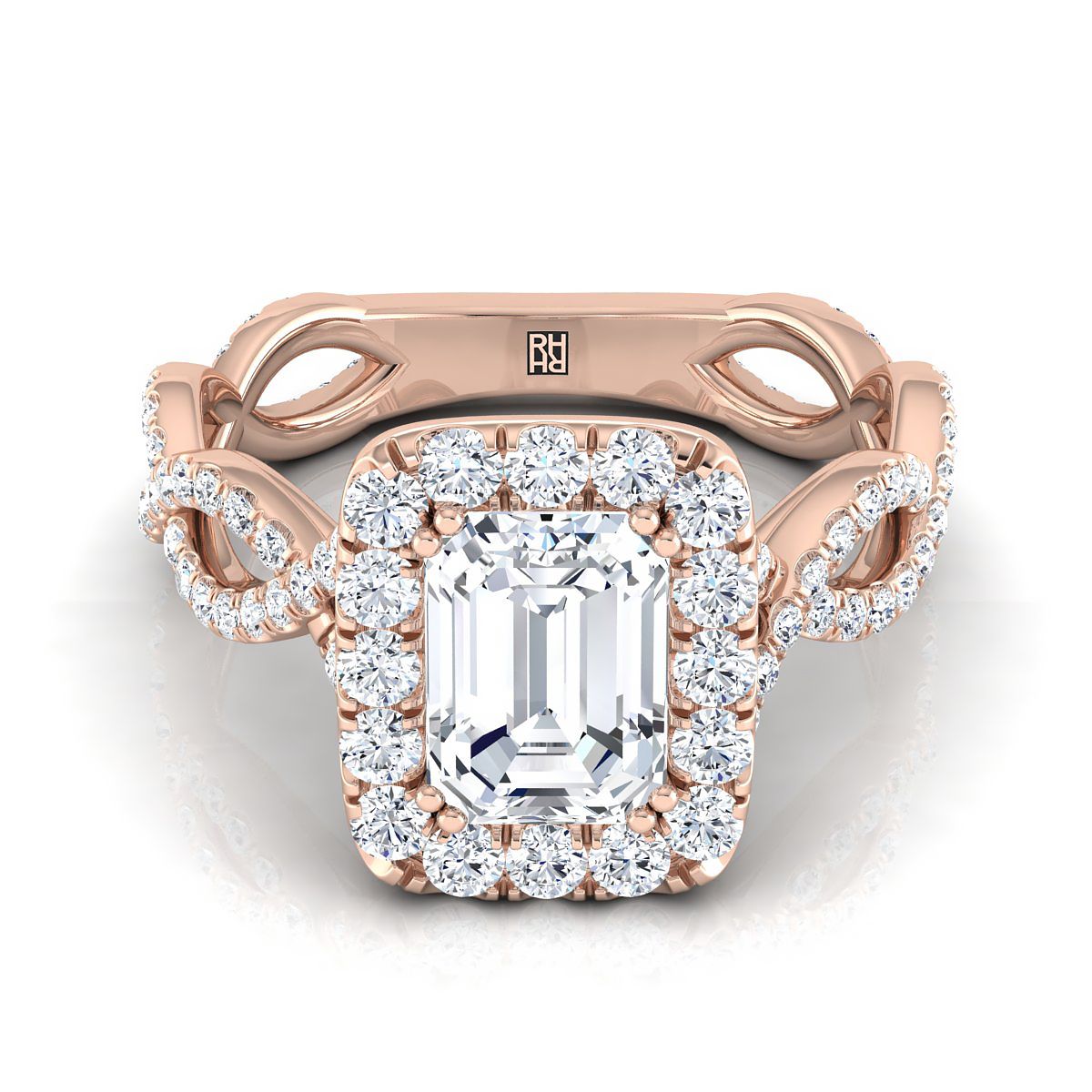 European Cut, Ribbon Twist Pavé Halo Emerald, in 14K Rose Gold, pave setting – view 8 | RockHer