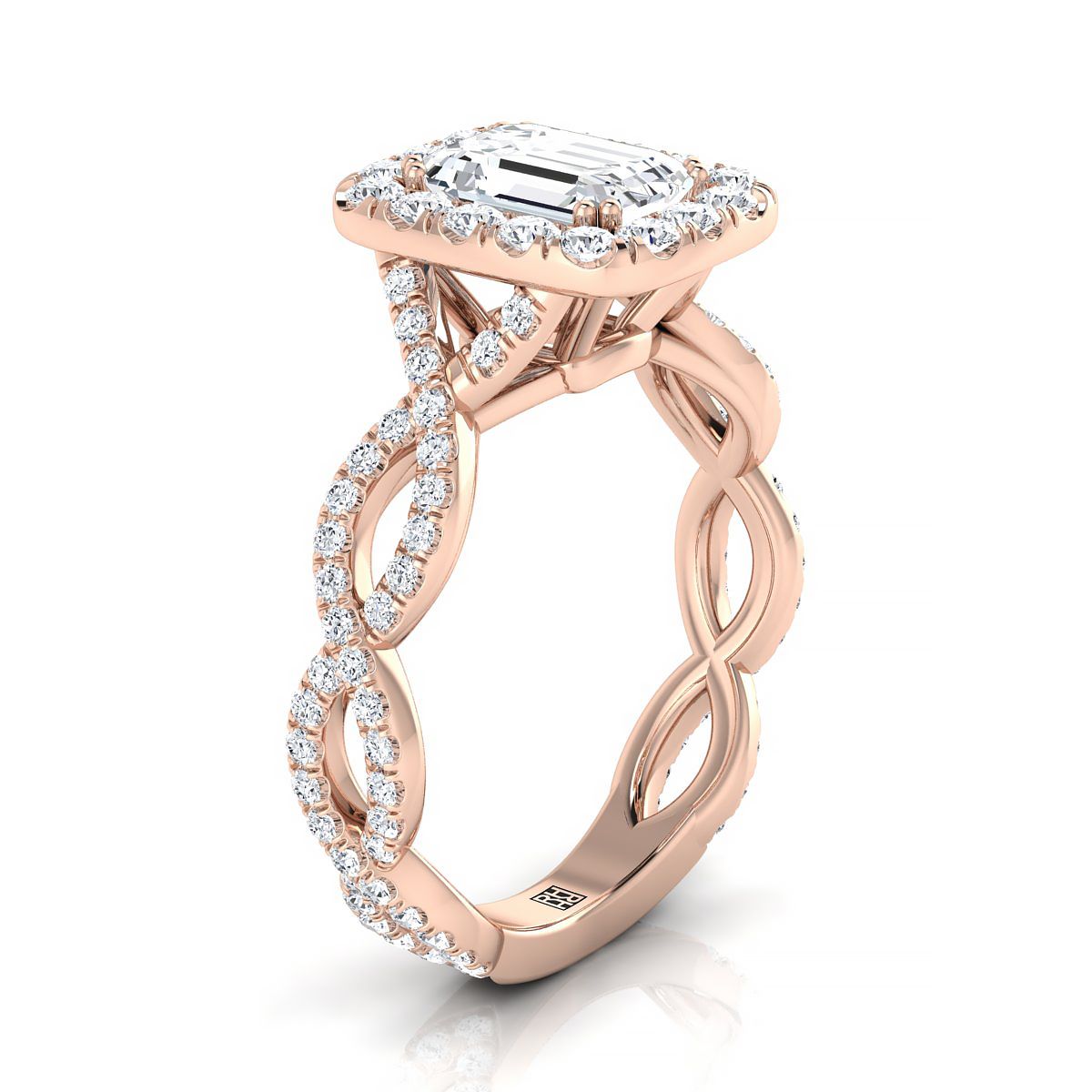 European Cut, Ribbon Twist Pavé Halo Emerald, in 14K Rose Gold, pave setting – view 9 | RockHer