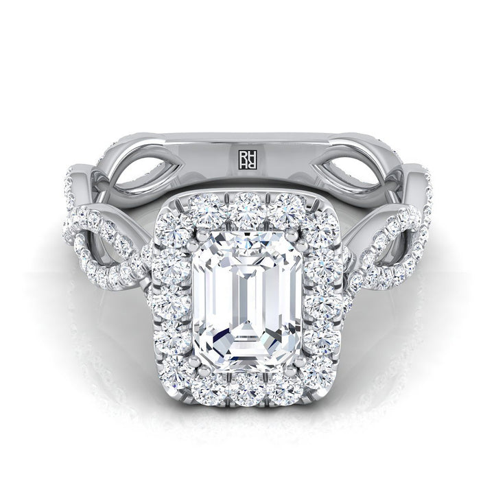 European Cut, Ribbon Twist Pavé Halo Emerald, in Platinum, pave setting – view 8 | RockHer