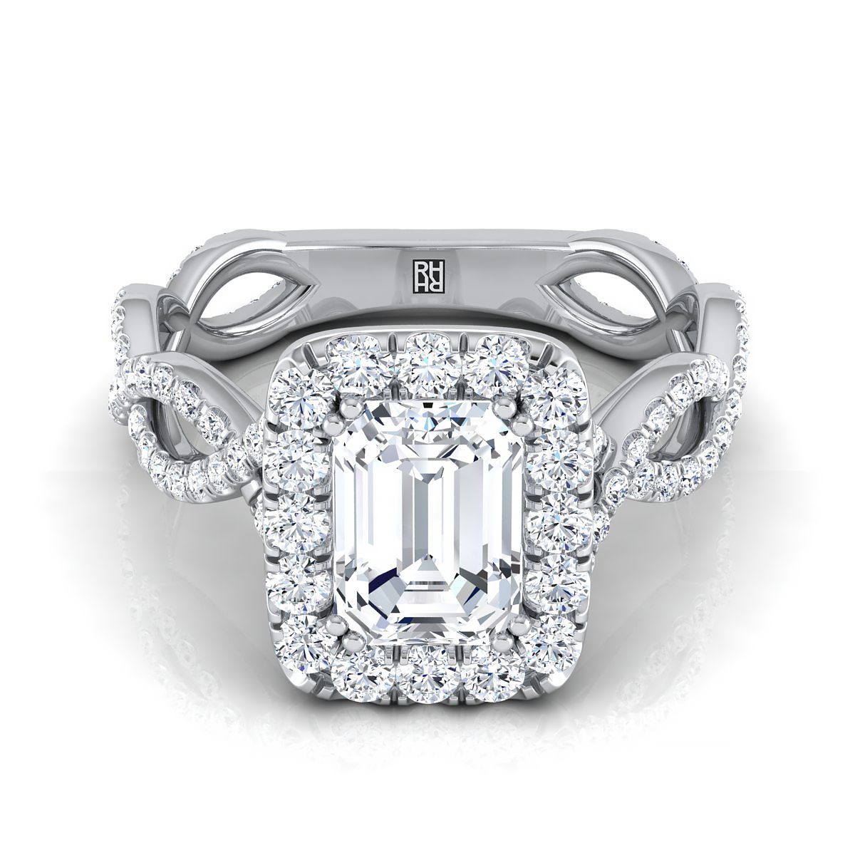 European Cut, Ribbon Twist Pavé Halo Emerald, in 18K White Gold, pave setting – view 8 | RockHer