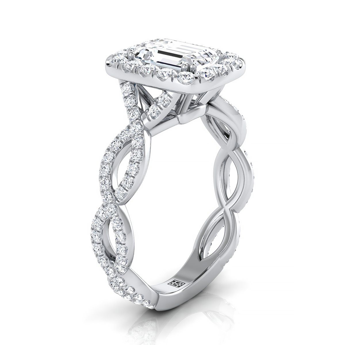 European Cut, Ribbon Twist Pavé Halo Emerald, in Platinum, pave setting – view 9 | RockHer
