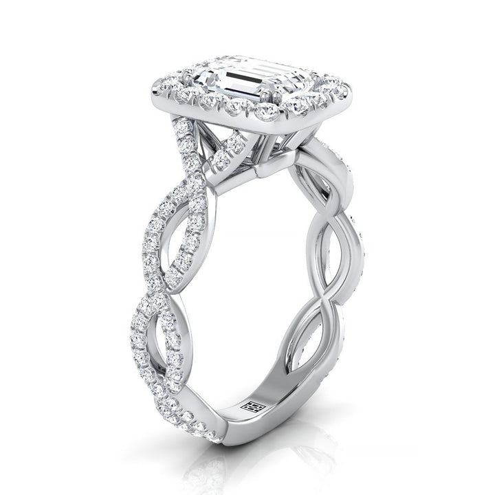 European Cut, Ribbon Twist Pavé Halo Emerald, in 18K White Gold, pave setting – view 9 | RockHer