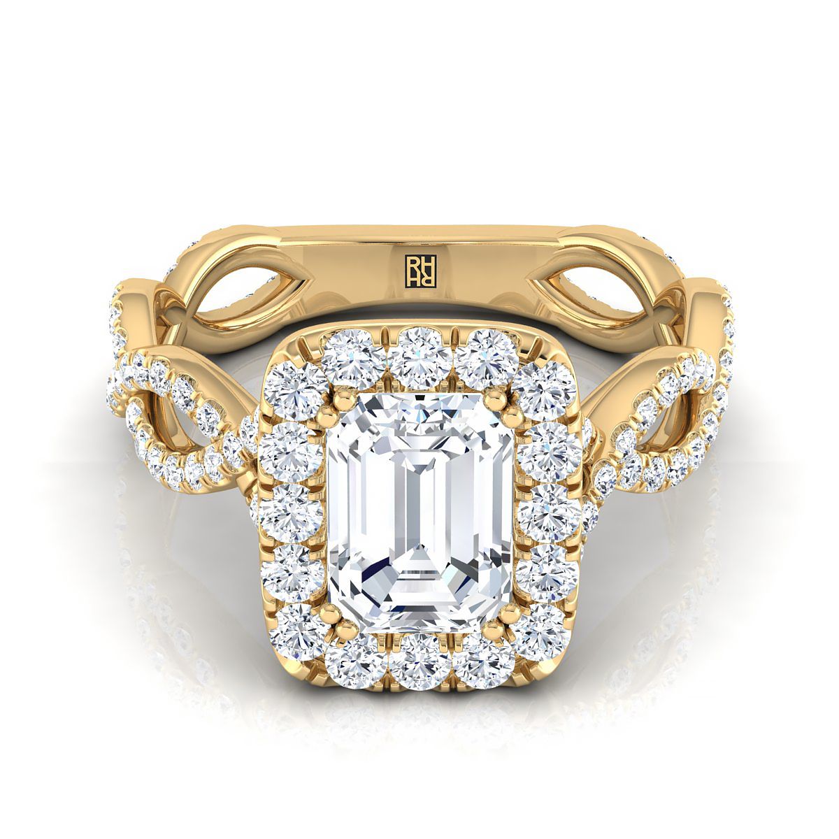 European Cut, Ribbon Twist Pavé Halo Emerald, in 18K Yellow Gold, pave setting – view 8 | RockHer