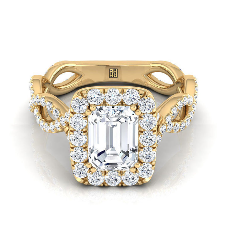 European Cut, Ribbon Twist Pavé Halo Emerald, in 18K Yellow Gold, pave setting – view 8 | RockHer