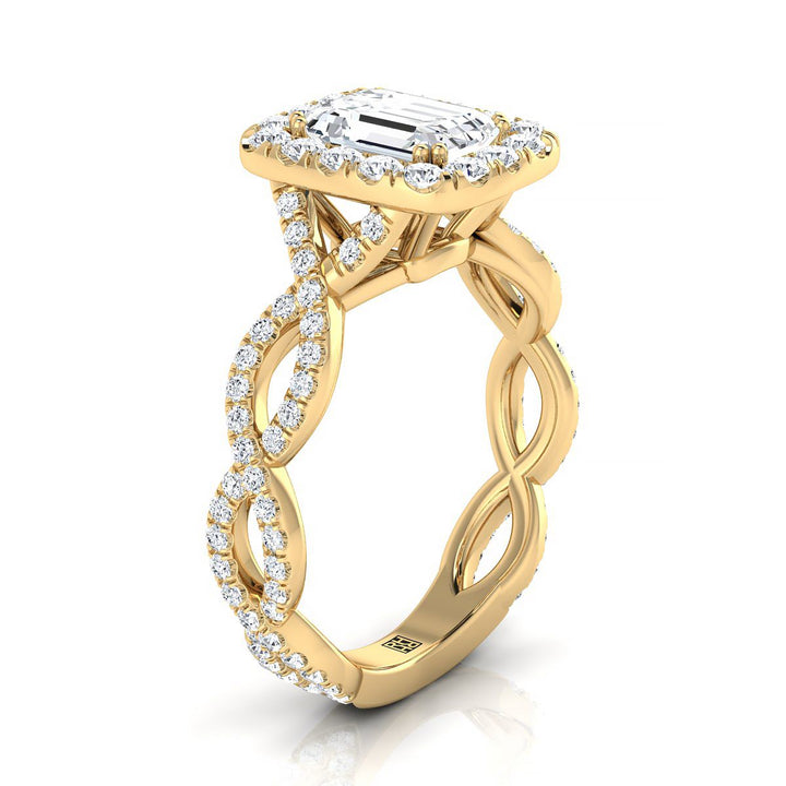 European Cut, Ribbon Twist Pavé Halo Emerald, in 18K Yellow Gold, pave setting – view 9 | RockHer