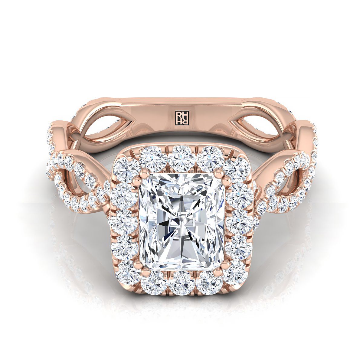Ribbon Twist Pavé Halo Radiant, in 14K Rose Gold, pave setting | RockHer
