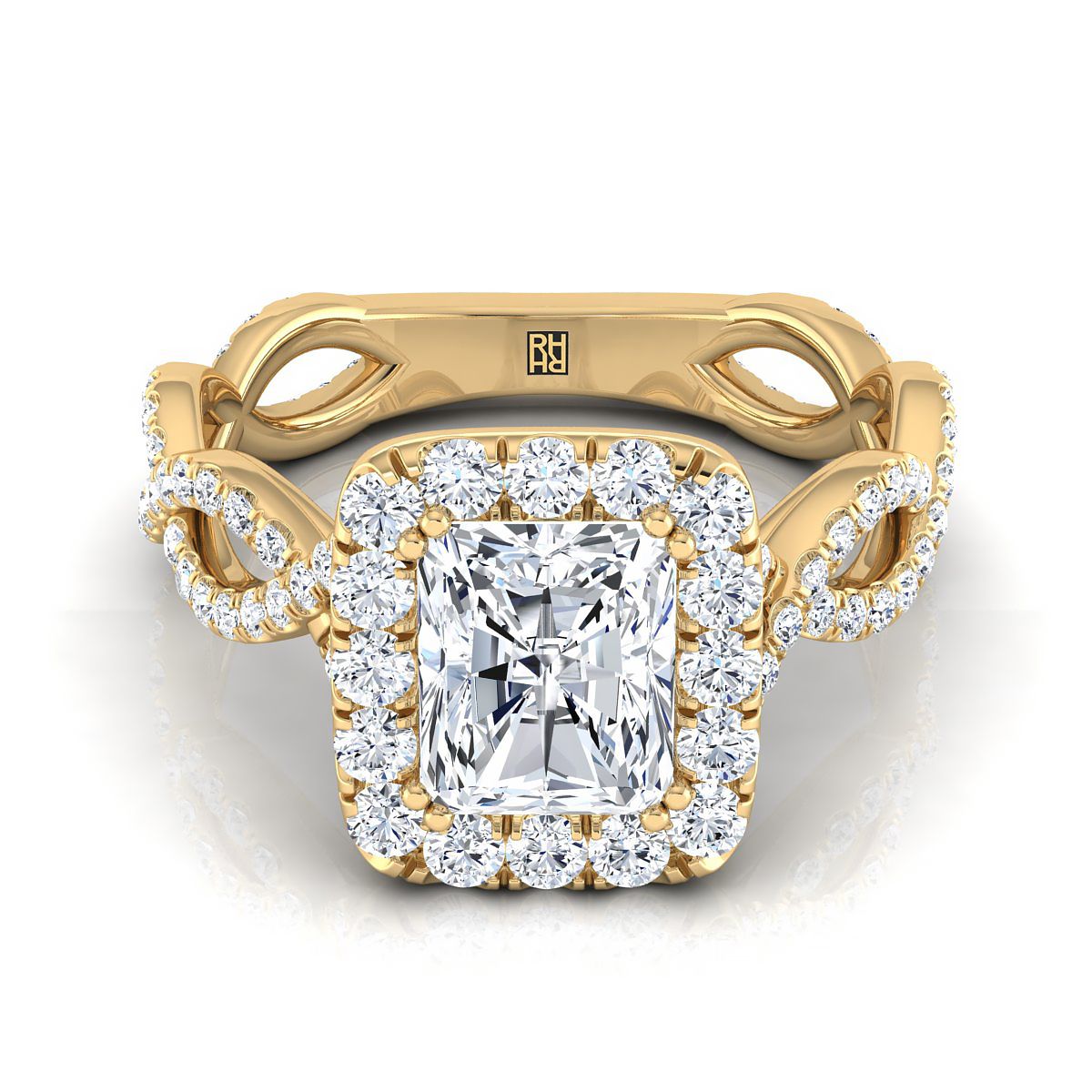 Ribbon Twist Pavé Halo Radiant, in 18K Yellow Gold, pave setting | RockHer