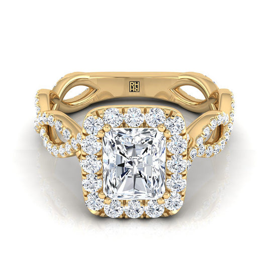 Ribbon Twist Pavé Halo Radiant, in 18K Yellow Gold, pave setting | RockHer