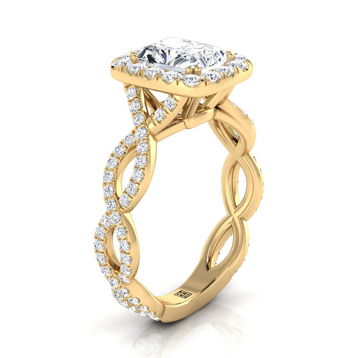 Ribbon Twist Pavé Halo Radiant, in 18K Yellow Gold, pave setting – side profile | RockHer