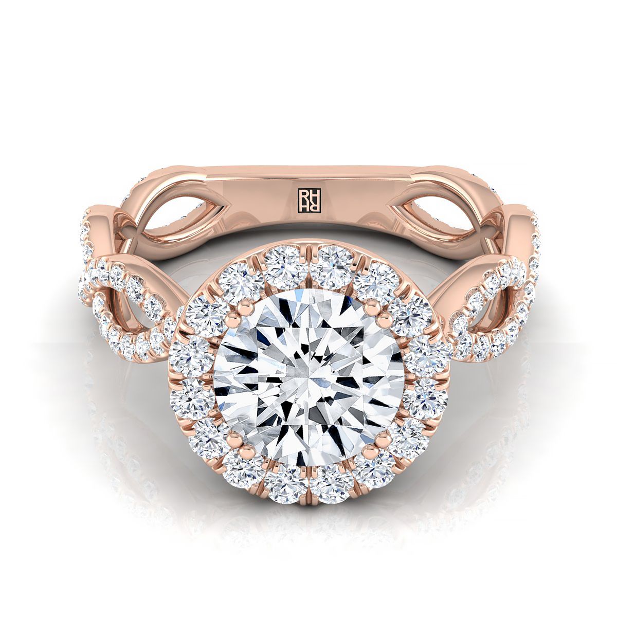 14K Rose Gold Round Brilliant Diamond Ribbon Twist French Pave Halo Engagement Ring -3/4ctw