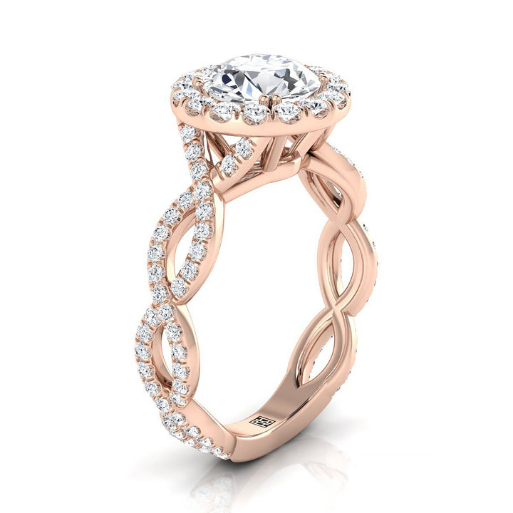Round Brilliant, Ribbon Twist Pavé Halo, in 14K Rose Gold, pave setting – side profile | RockHer