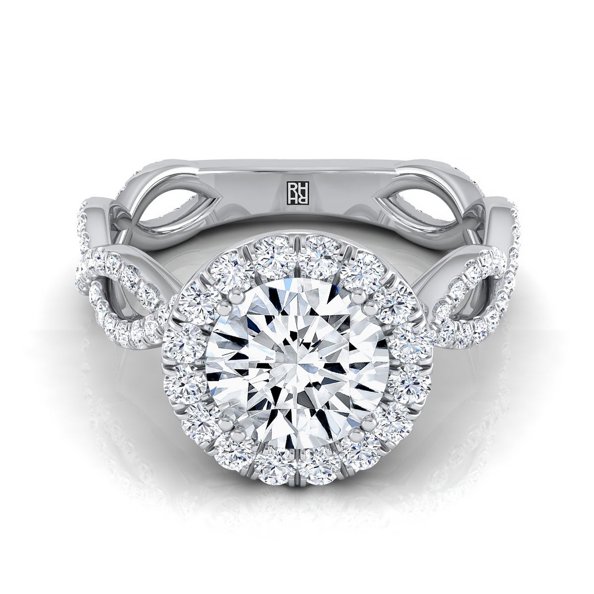 14K White Gold Round Brilliant Diamond Ribbon Twist French Pave Halo Engagement Ring -3/4ctw