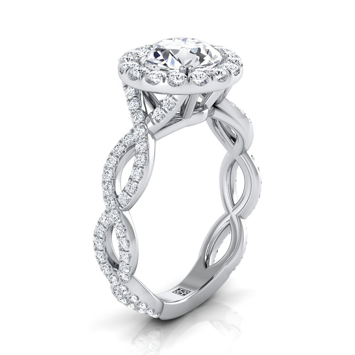 Round Brilliant, Ribbon Twist Pavé Halo, in Platinum, pave setting – side profile | RockHer