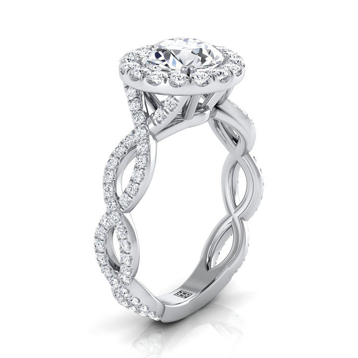 Round Brilliant, Ribbon Twist Pavé Halo, in Platinum, pave setting – side profile | RockHer