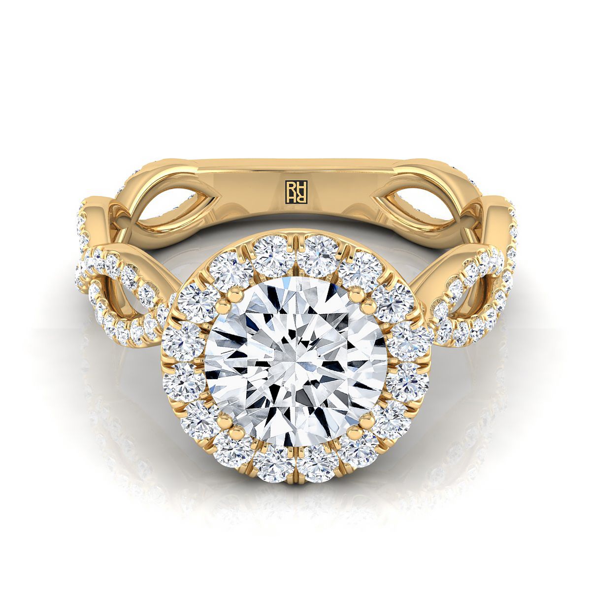 Round Brilliant, Ribbon Twist Pavé Halo, in 18K Yellow Gold, pave setting | RockHer