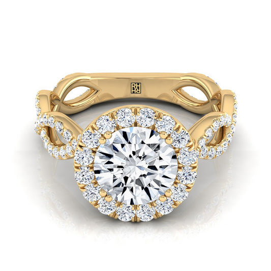 Round Brilliant, Ribbon Twist Pavé Halo, in 18K Yellow Gold, pave setting | RockHer