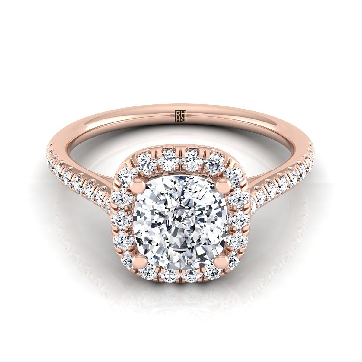 Classic Prong Halo Cushion, in 14K Rose Gold, pave setting | RockHer
