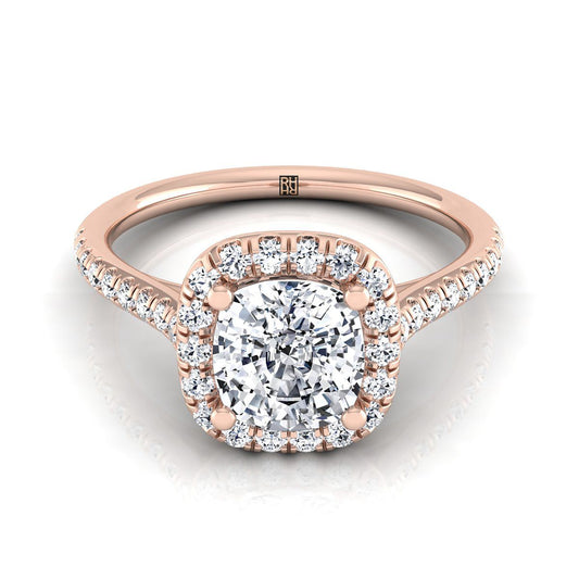 Classic Prong Halo Cushion, in 14K Rose Gold, pave setting | RockHer